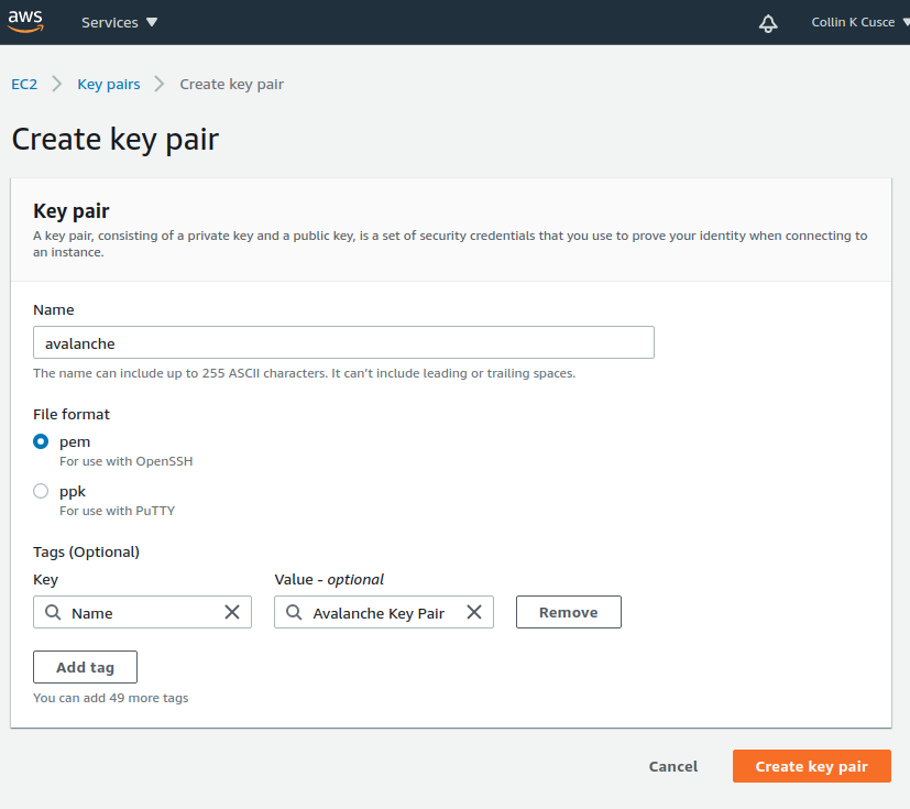 Create a key pair that will later be assigned to your EC2 instance.